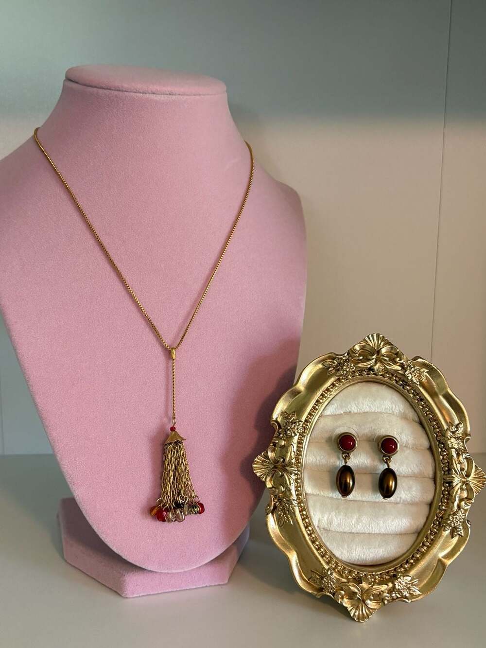 Vintage VJ Gold Tone Tassel Necklace and Drop Earring Set